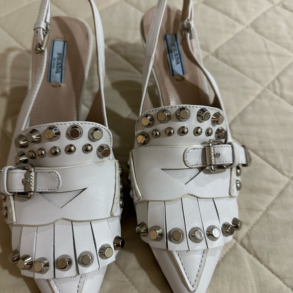 Prada White Studded Slingback Heels